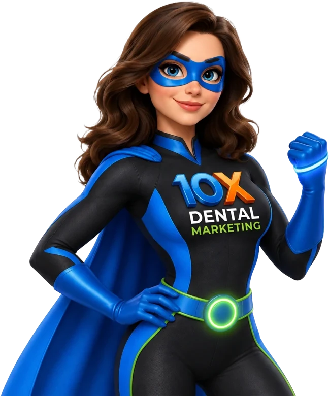 10X Dental Marketing superhero mascot in her branded blue outfit