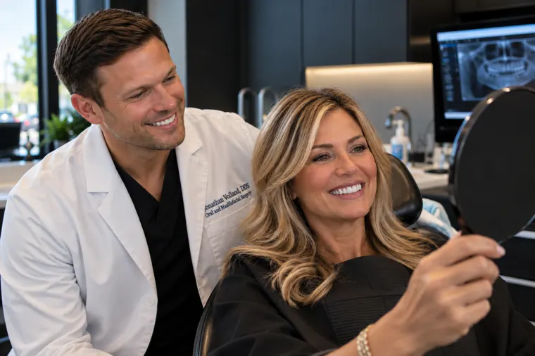 A dentist and patient sharing a smile during a dental visit